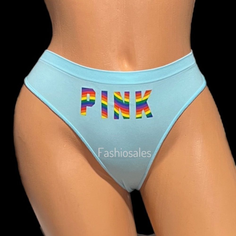 Victorias Secret Pink Seamless Thong Panty Pink Logo Blue Medium